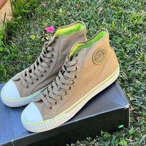 P.F. Flyers Tan High-Top Canvas Sneakers with Lime Green Lining